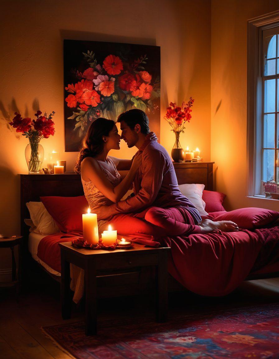 A romantic scene illustrating two intertwined silhouettes in a candlelit room, surrounded by vibrant flowers and soft pillows, symbolizing passion and connection. Subtle elements of surprise like a hidden love note and a glass of wine enhance the atmosphere of excitement. The warm glow of candles reflects on their faces, capturing a moment of intimacy and deep satisfaction. super-realistic. vibrant colors. soft focus.