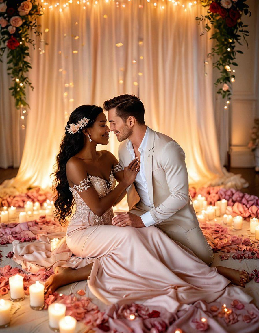 A serene candlelit setting with soft, romantic colors; a couple playfully teasing each other amidst silky fabrics and rose petals, capturing the essence of intimacy and joy. The background features twinkling fairy lights to enhance the magical atmosphere. Warm golden tones create an inviting glow that highlights their laughter and connection. dreamy, vibrant colors. super-realistic.